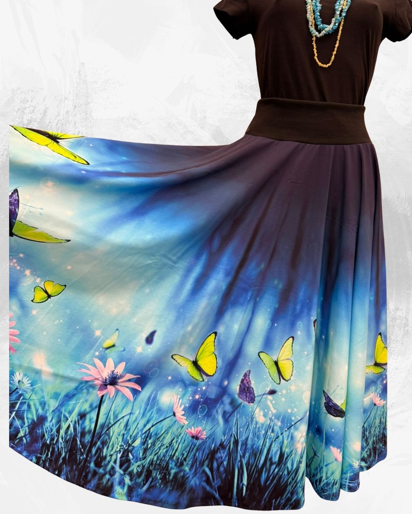 Dámská dlouhá kolová úpletová sukně,motýlci na modré